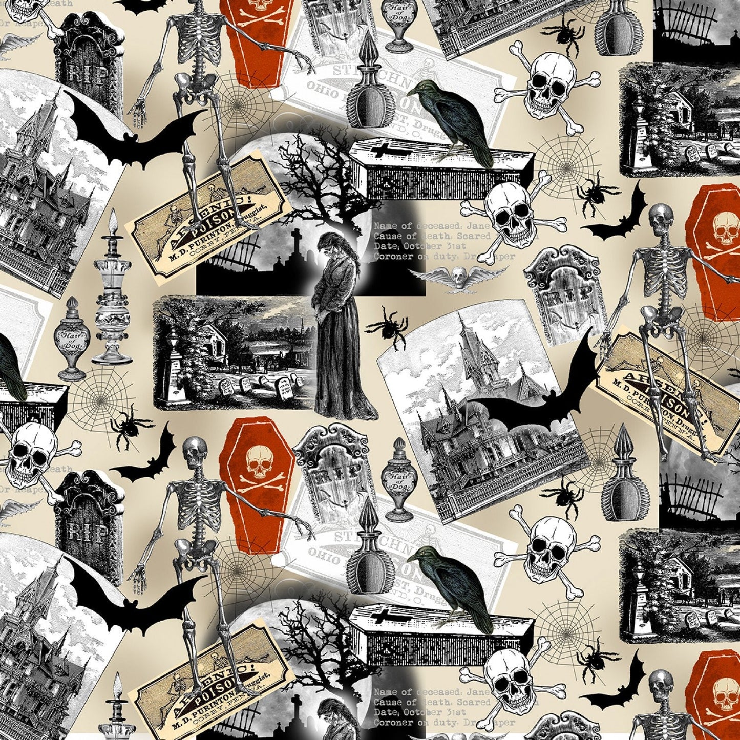 Nevermore from Timeless Treasures - 1/2 Yard Multi Halloween Spooky Collage - Bats, Skeletons, Ravens, Gravestones