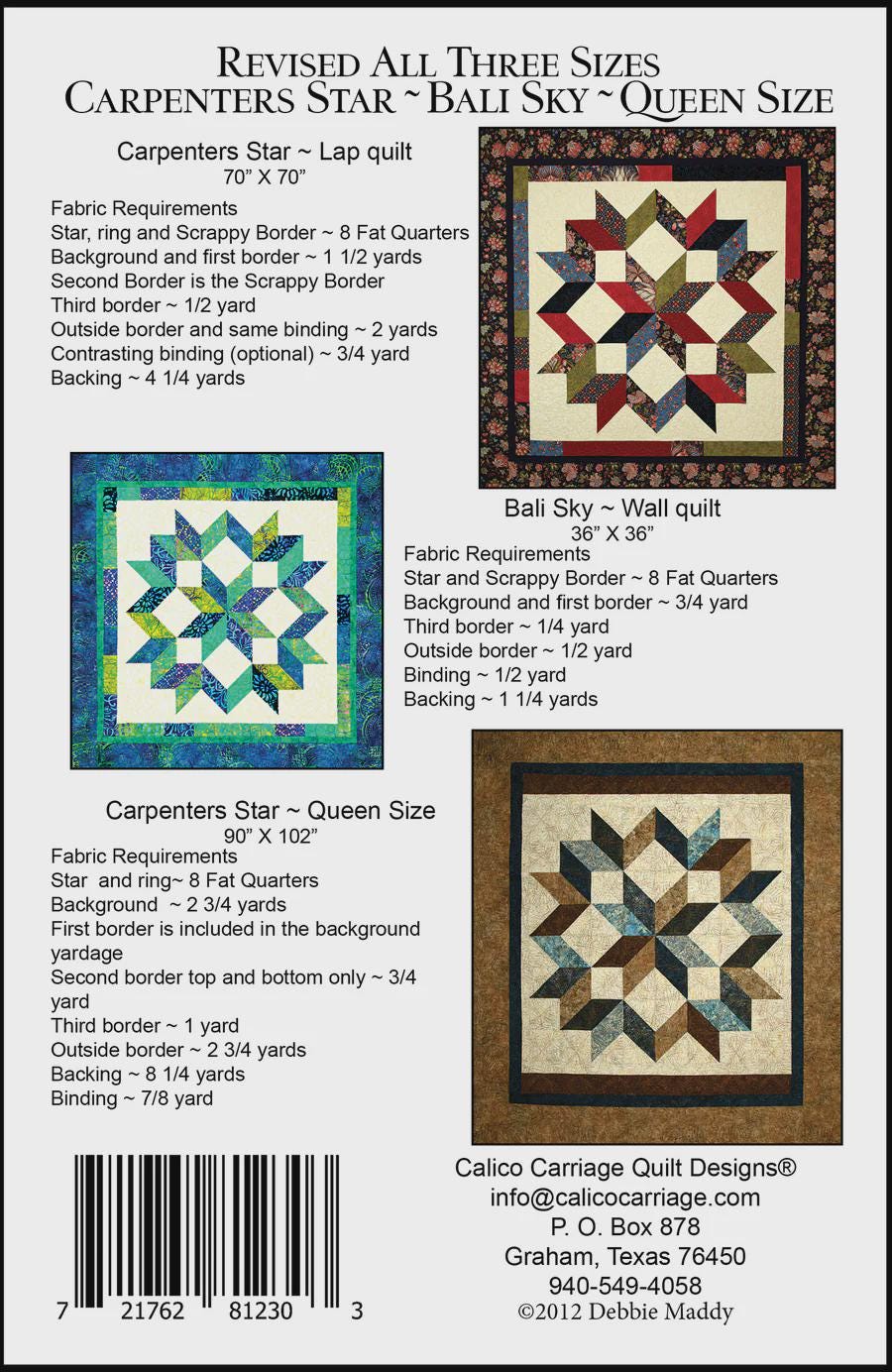 Carpenters Star ~ Bali Sky Quilt Pattern by Calico Carriage - Queen Size - Lap Size - Wall Hanging