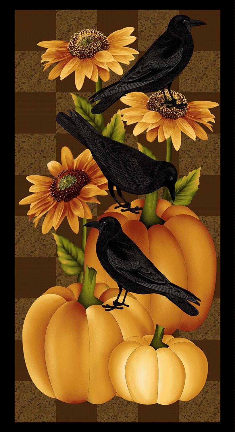 Cavalier Crows from Henry Glass & Co - 24" x 44" Fall Panel - Pumpkins, Crows, Sunflowers