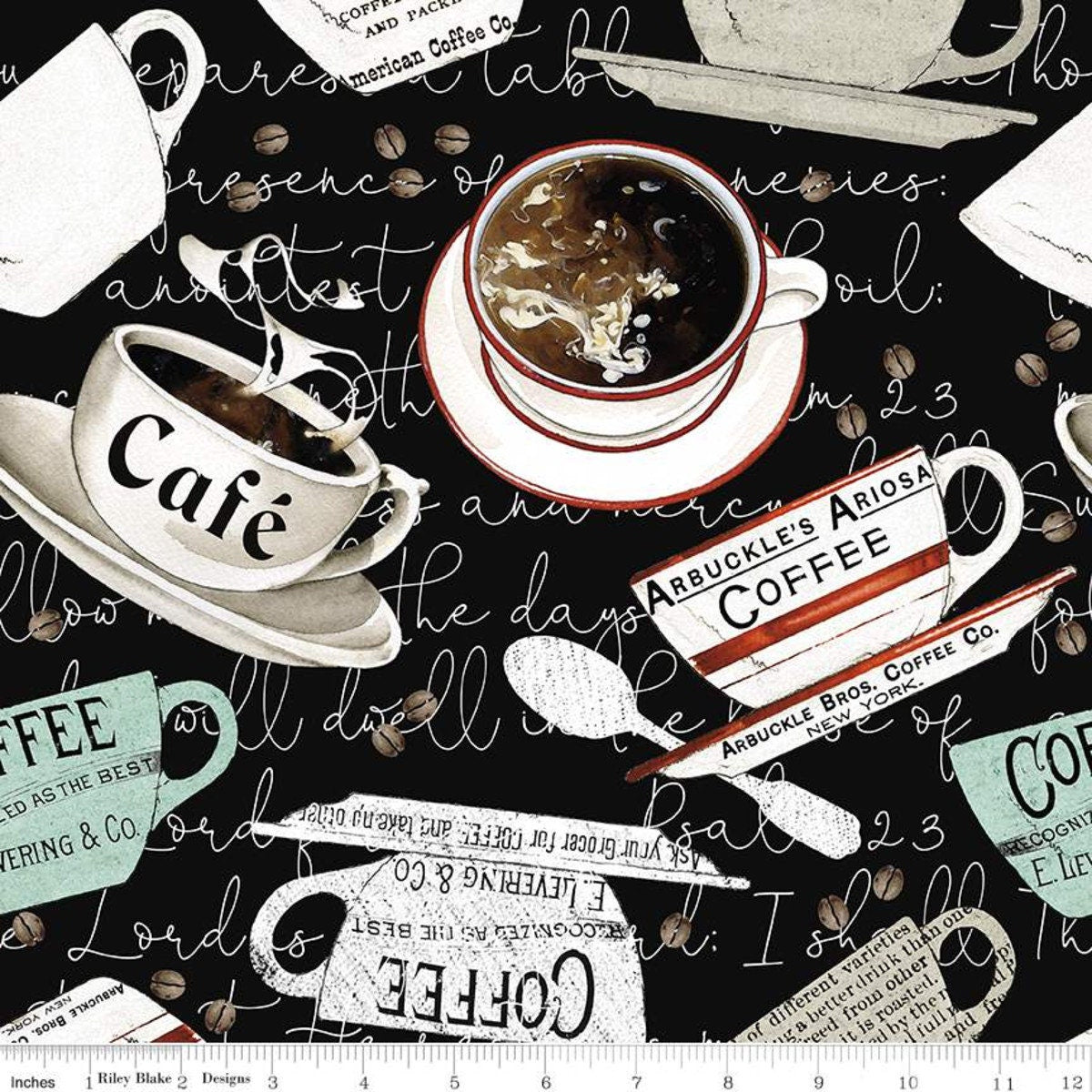 Coffee Chalk From Riley Blake Designs - 1/2 Yard of Coffee Cups on Black