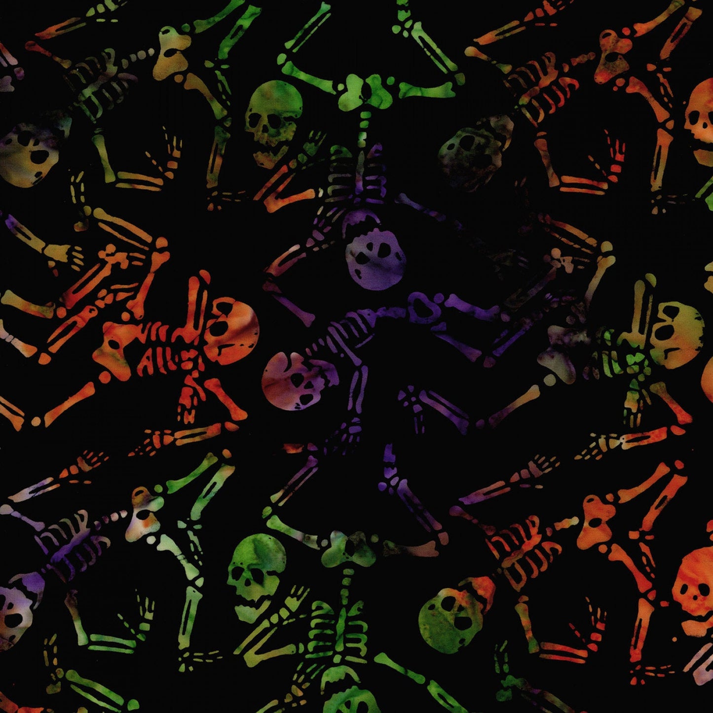 Spellbound Batik from Timeless Treasures - 1/2 Yard Trick Dancing Skeletons - Multi Color Skeletons on Black