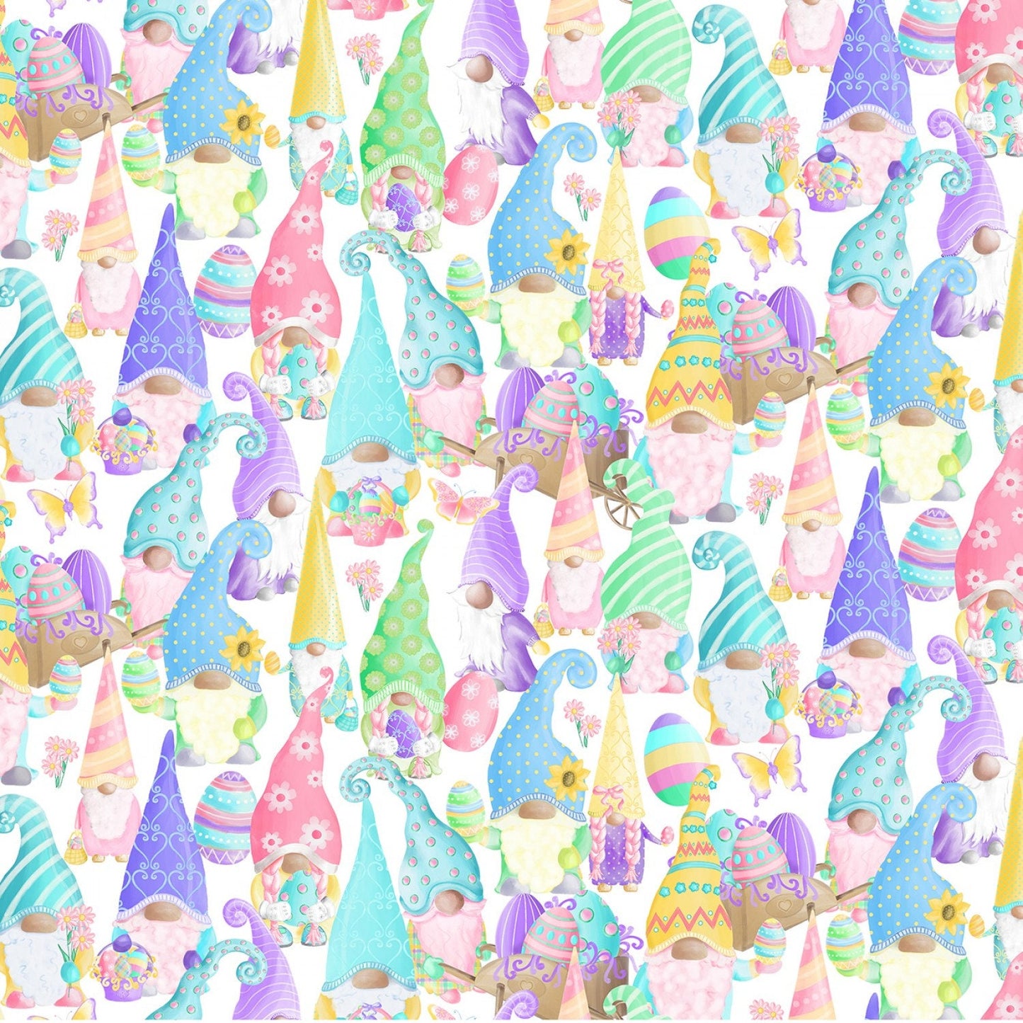 White Spring Gnomes from Spring Garden Gnomes for Kanvas Studios - 1/2 Yard Pastel Easter Gnomes on White