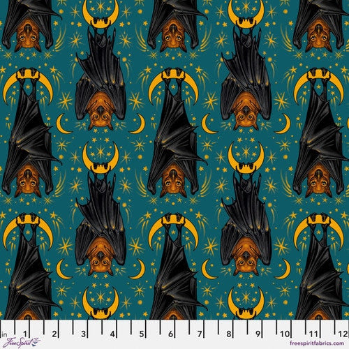 Storybook Halloween from Free Spirit Fabrics - 1/2 Yard Aim for the Moon Turquoise - Bats Hanging from Crescent Moons
