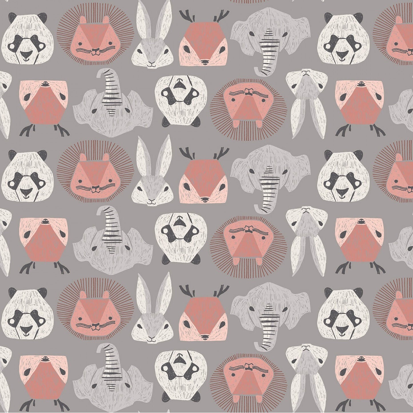 New Here from Dear Stella - 1/2 Yard Storm Animal Heads - Elephant, Panda, Rabbit, Lion Deer