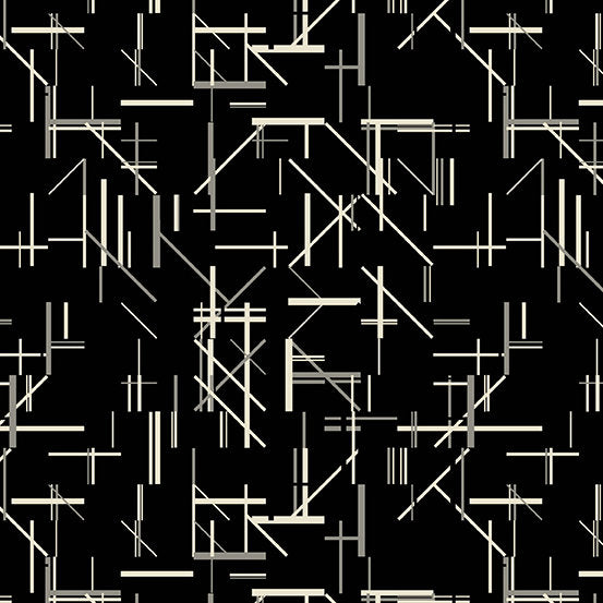 Verdigris from Andover Fabrics - 1/2 Yard Midtown Ink - Cream and Gray Lines on Black - Modern Fabric