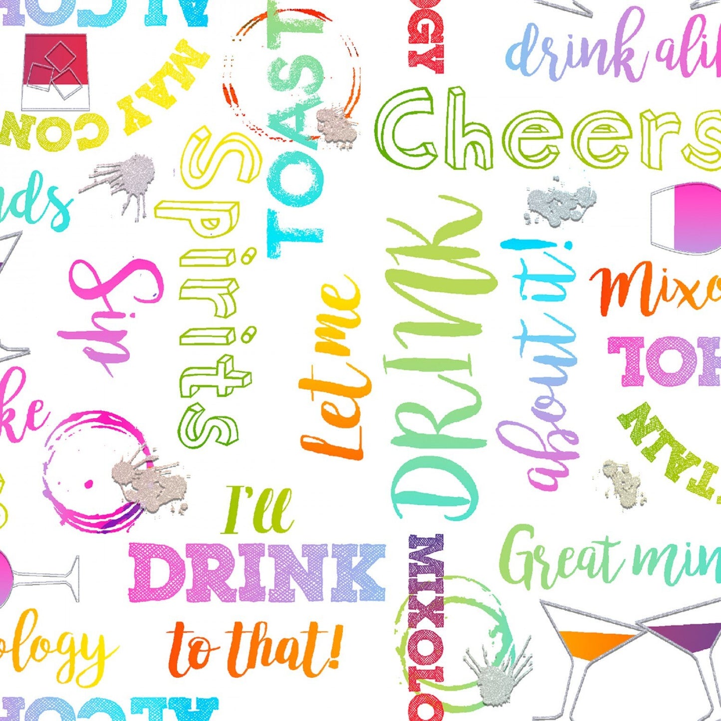Mixology from 3 Wishes Fabrics - 1/2 Yard of Alcohol Words and Drinks on White