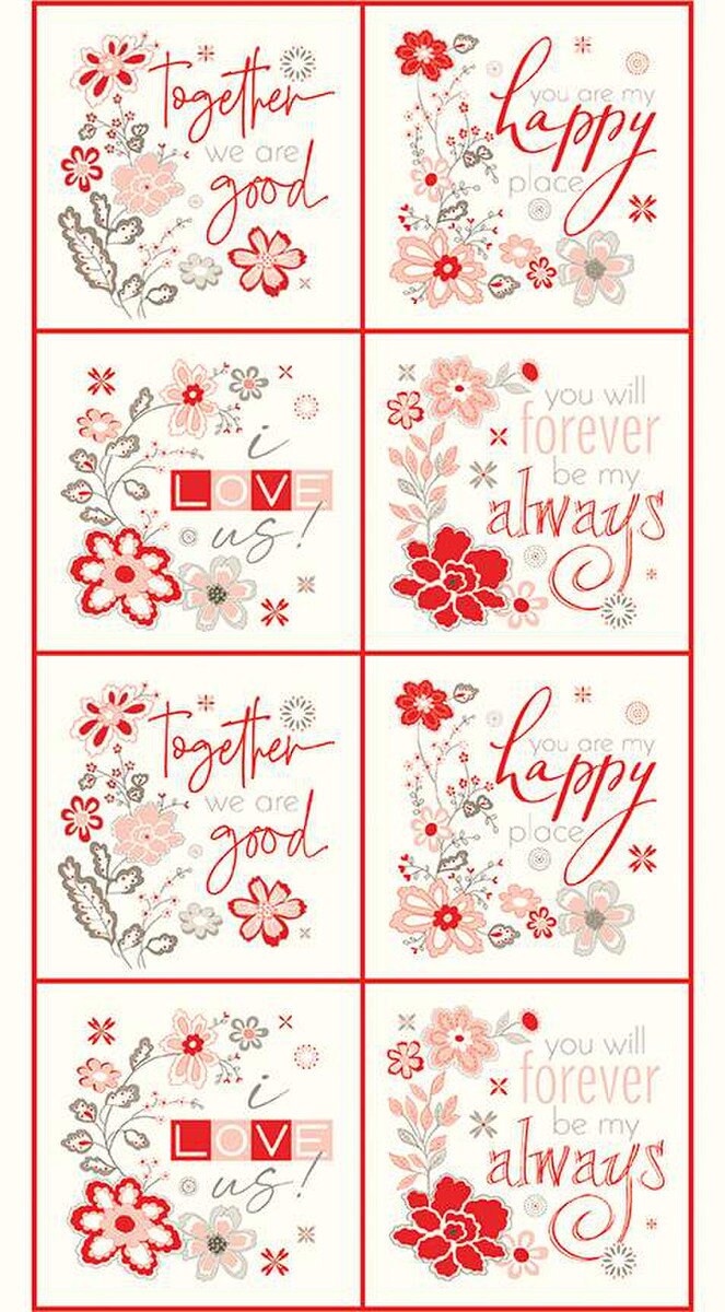 I Love Us from Riley Blake Fabrics - 25" x 44" Valentine Panel - Red Pink Flowers on Cream