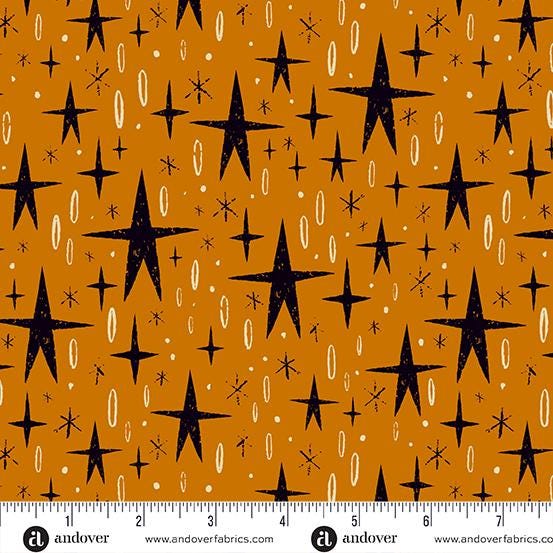 Nevermore from Andover - 1/2 Yard Tall Stars - Black Stars, Orange