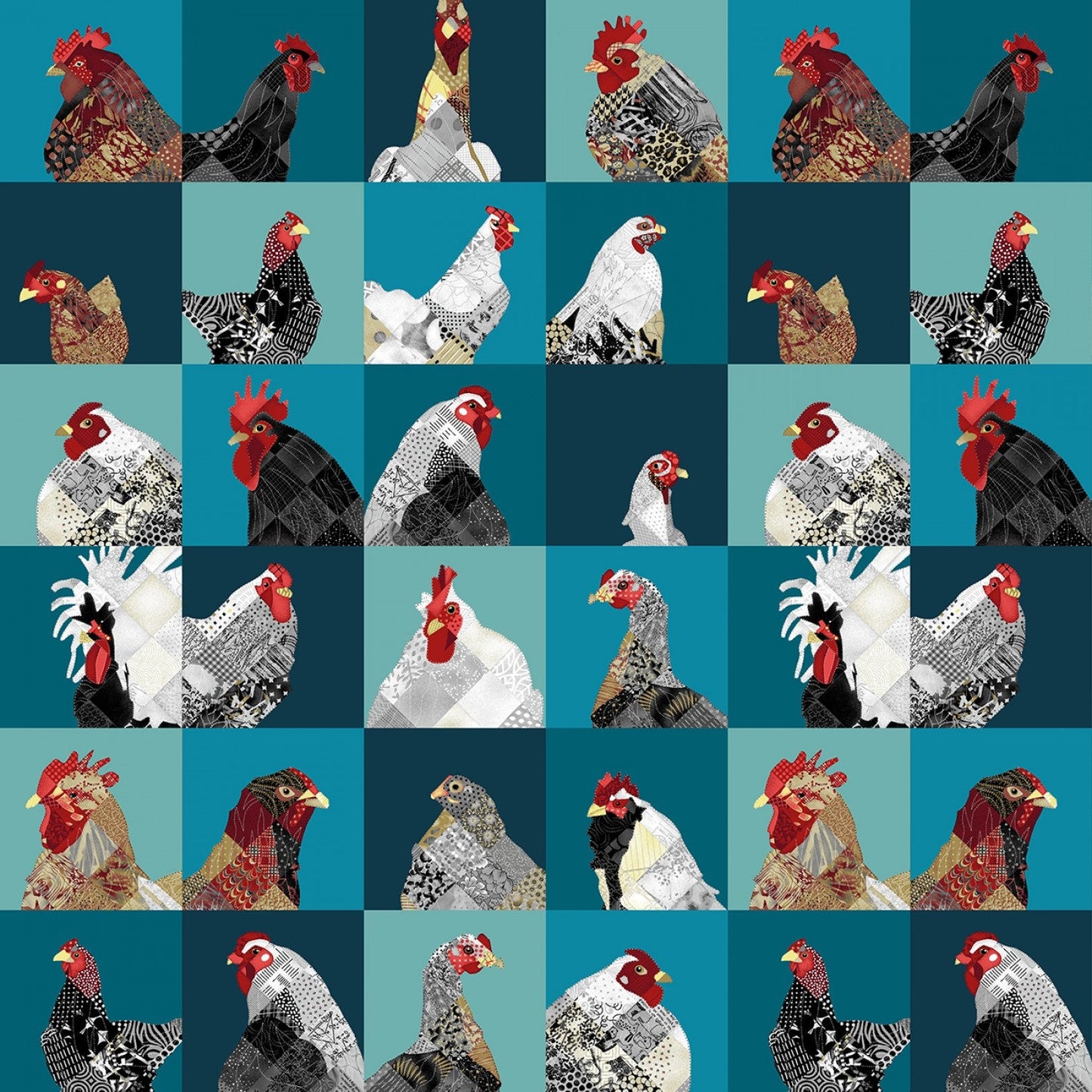 Zooming Chickens from Studio E - 1/2 Yard Modern Chickens 4” Blocks - Chicken Fabric