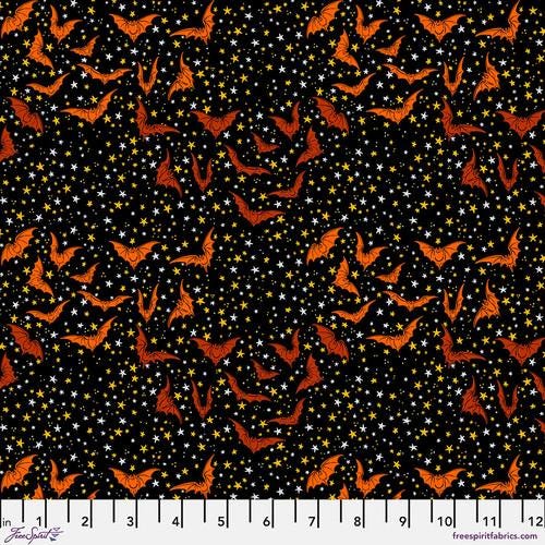 Costumes & Cobwebs from Free Spirit Fabrics - 1/2 Yard Ditsy Bats - Orange Bats on Black with Stars - Halloween