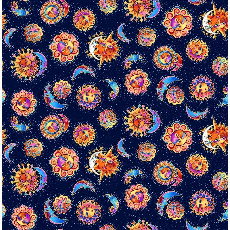 25% Off - Celestial Magic from Clothworks - 1/2 Yard Sun Moon on Blue - Laurel Burch Style