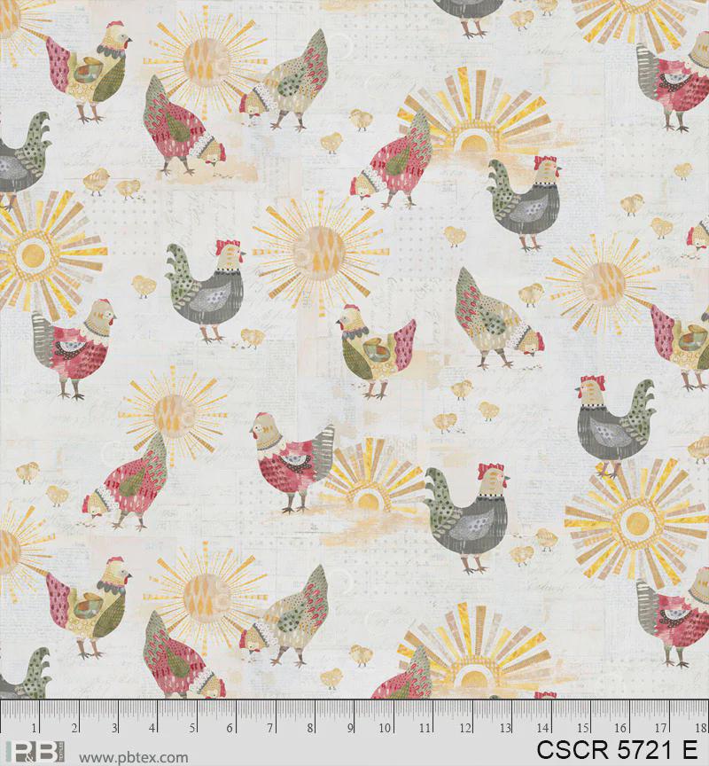 Rise and Shine Chickens from Chicken Scratch for P&B Textiles - 1/2 Yard Chicken and Sunrises on Cream