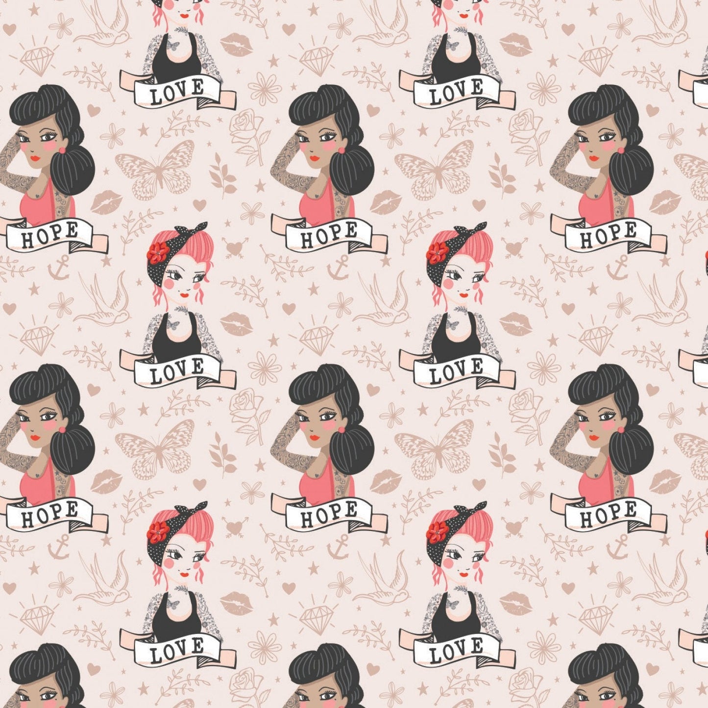 Tattoo Parlour from Camelot Fabrics - 1/2 Yard Light Peach Tattoo Girls - Tattoo Girl Cameos on Peach Butterfly, Sparrow Flower Background