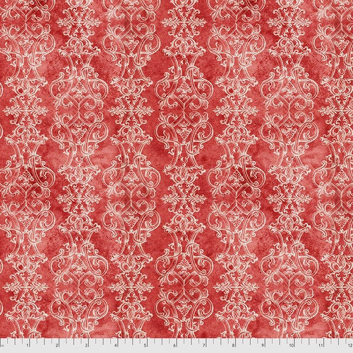 Christmastime by Tim Holtz from Eclectic Elements for Free Spirit - 1/2 Yard Fanciful Red Elegant White Scrolls on Red