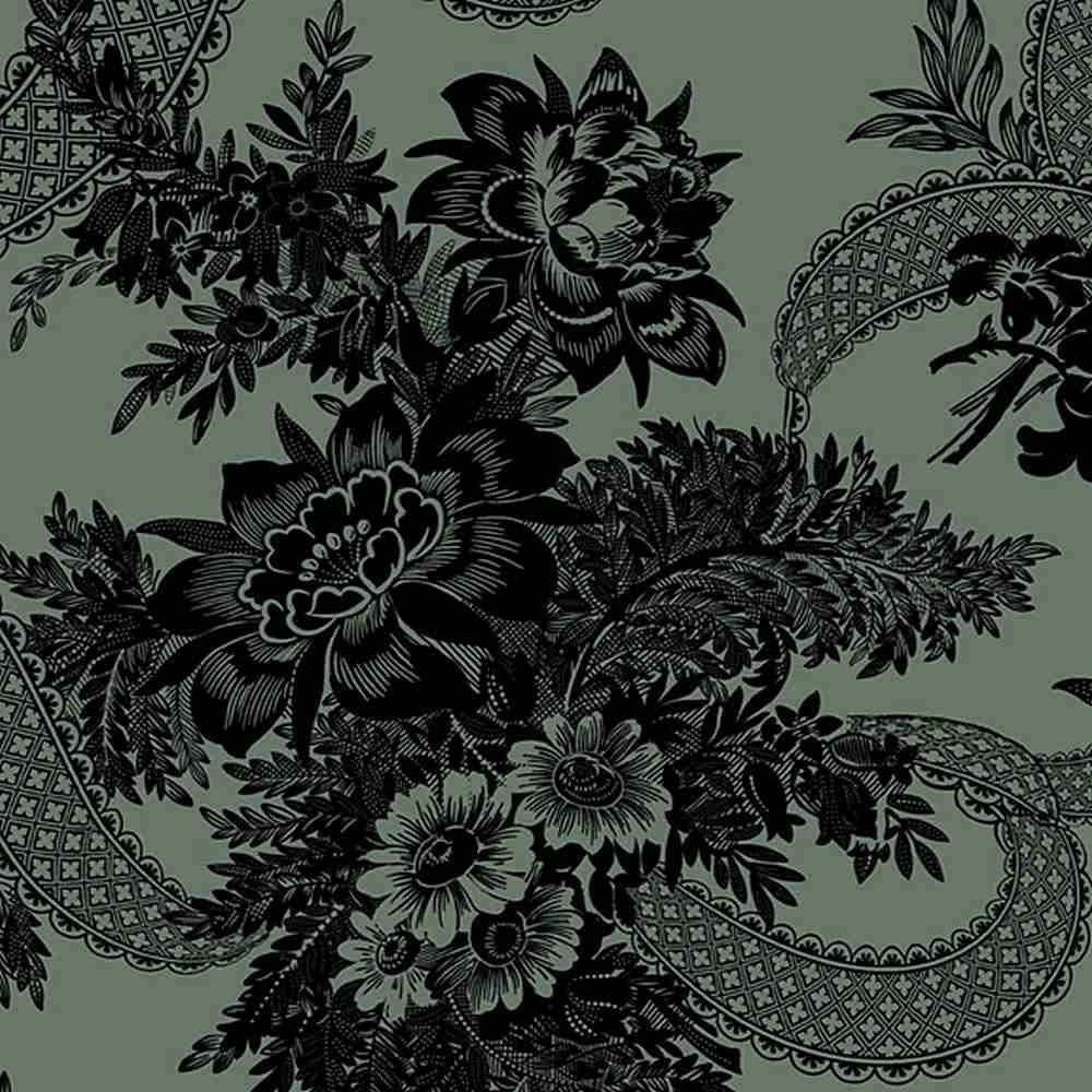 Floral Lace from Midnight Lace for Marcus Fabrics - Half Yard - Black Flower Bouquets and Lace on Teal