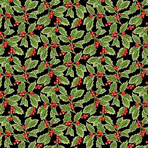 Holiday Botanical from Henry Glass Fabrics - 1/2 Yard of Packed Holly Leaves on Black