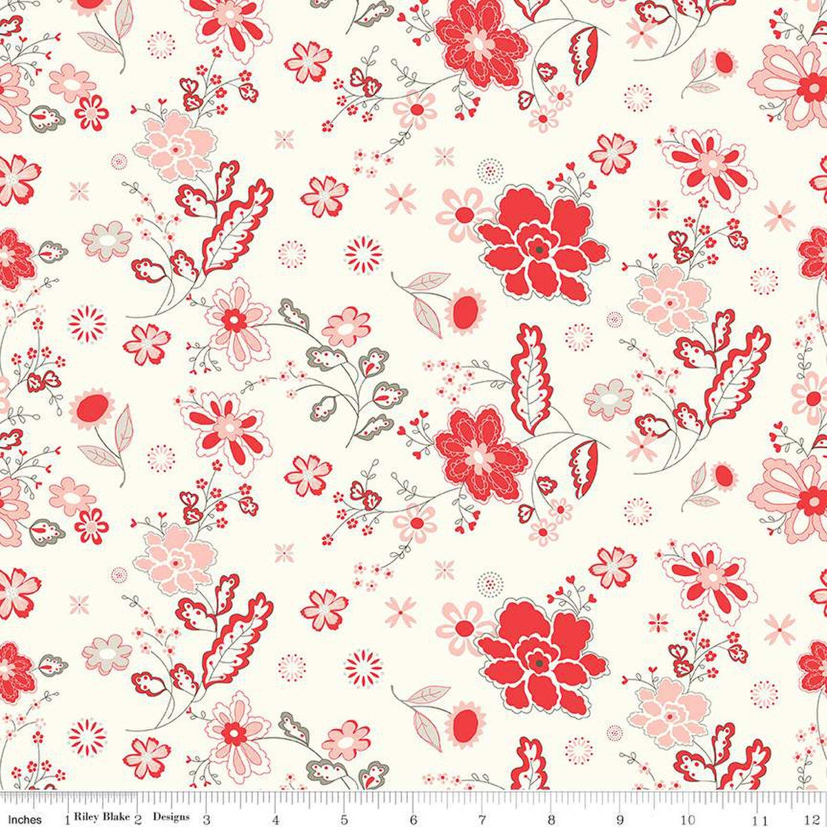 I love Us Main Cream from Riley Blake Fabrics - 1/2 Yard Red, Pink, Taupe Flowers and Leaves on Cream