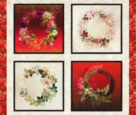 Holiday Wreath from Festive Beauty by Robert Kaufman - 1 Yard Panel Red and Cream Wreaths