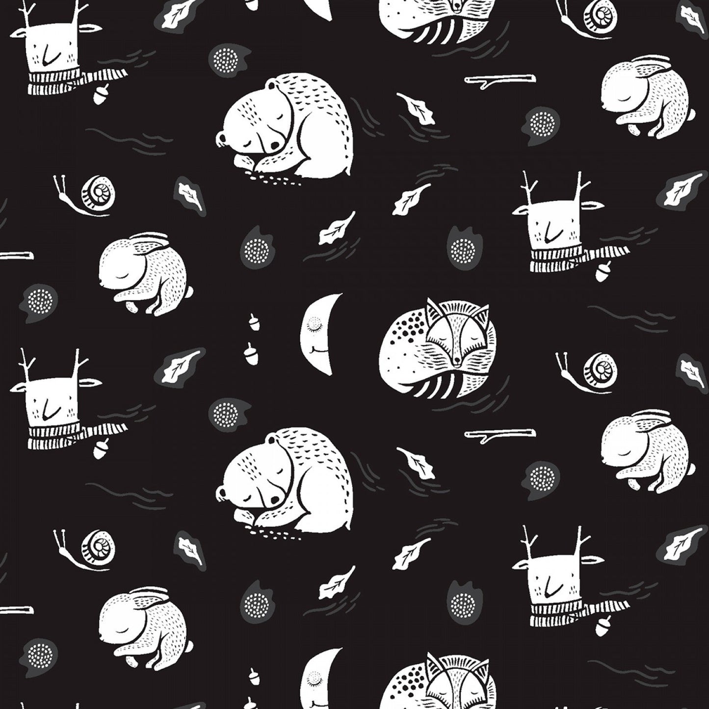 Harvest Moon from Dear Stella - Half Yard Black Hibernation - Sleeping Animals on Black - Black and White Bears, Fox, Rabbits