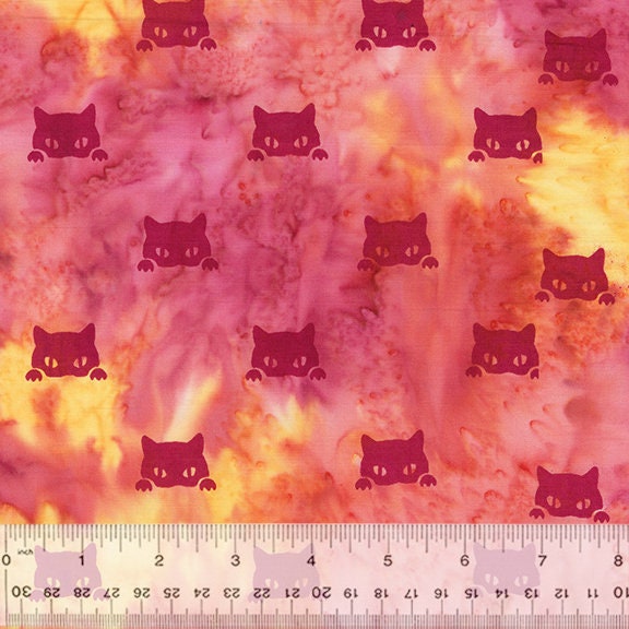 Cat Nap Batiks from Anthology - 1/2 Yard Sleepy Eyes Sunset Cats on Pink and Orange Batik