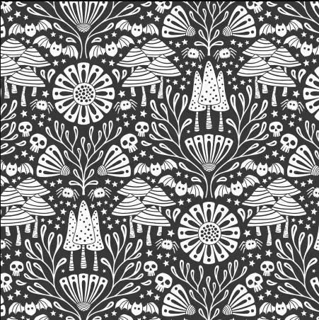 Gothic Forrest from Gothic Whimsy for Cloud9 Fabrics - 1/2 Yard Black and White Mushrooms and Skulls