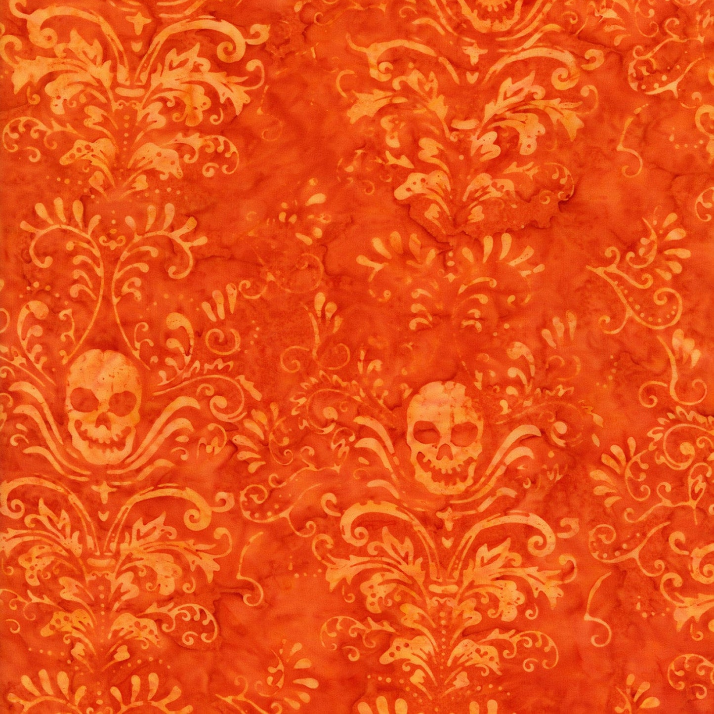 Spellbound Batik from Timeless Treasures - 1/2 Yard Flame Skull Damask - Orange Halloween
