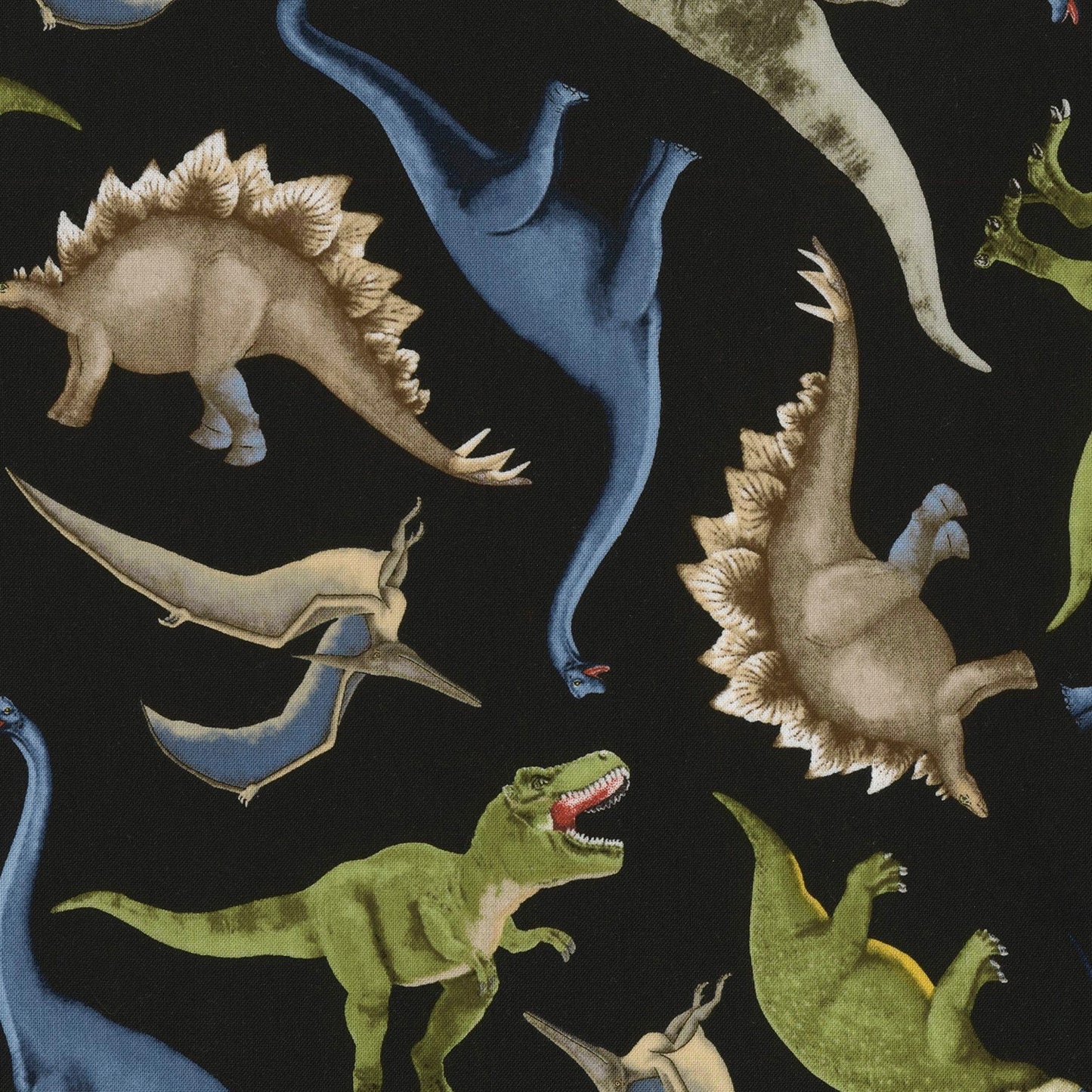 Realistic Dinosaurs from Timeless Treasures - 1/2 Yard Tossed Dinosaurs on Black - Stegasaurus, Brontosaurus, Tyrannosaurus Rex