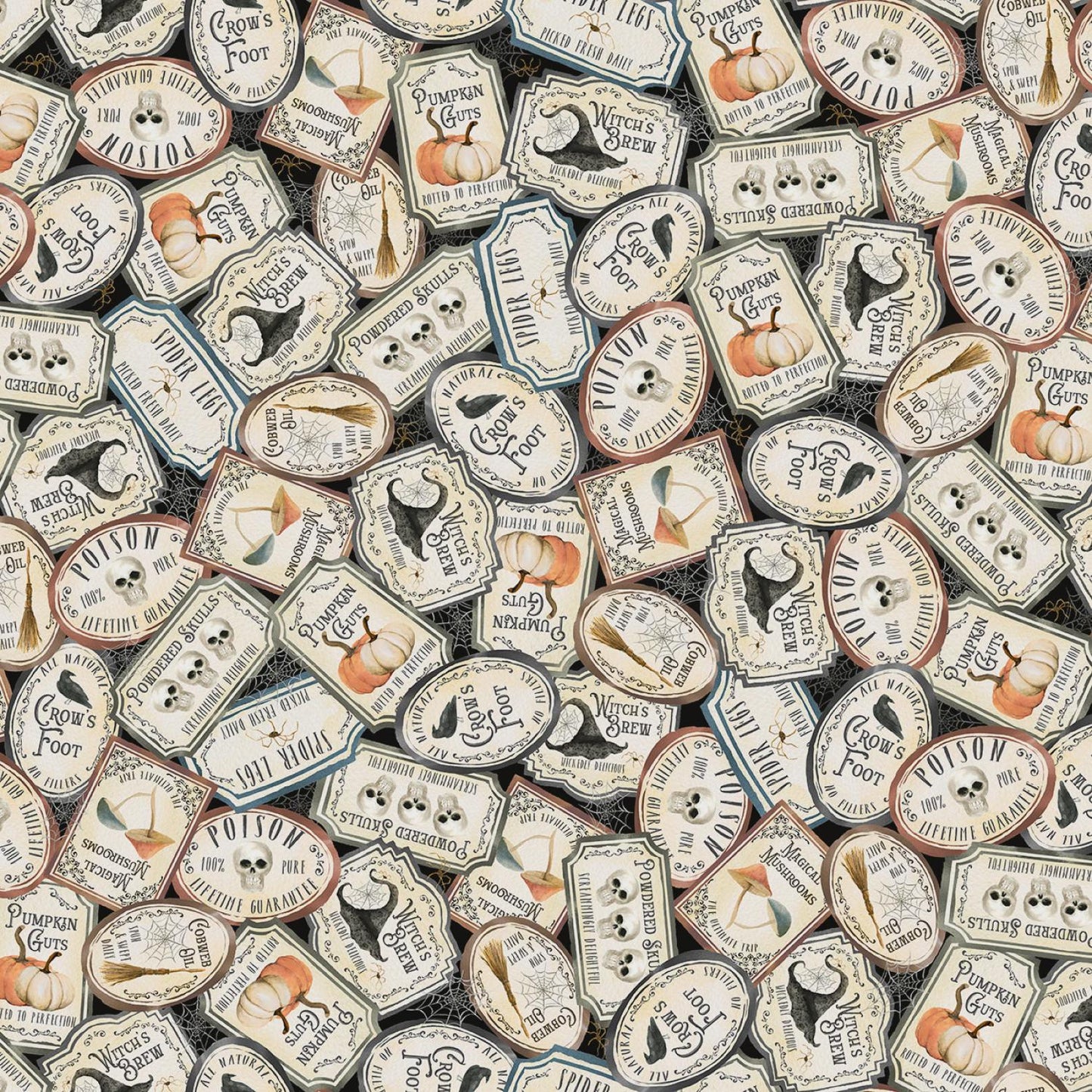 Hocus Pocus from P&B Textiles - 1/2 Yard Packed Potion Labels - Halloween Labels - Witch's Brew, Magical Mushrooms, Pumpkin Guts, Poison