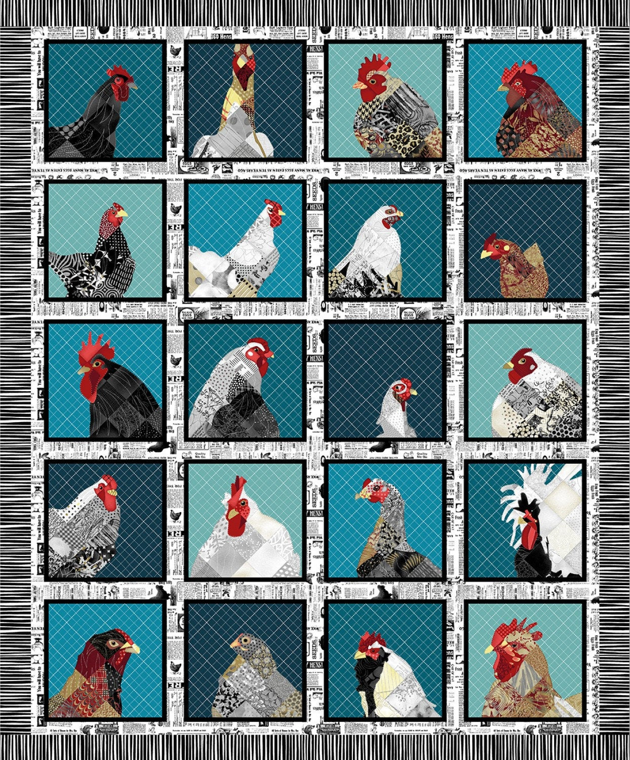 Zooming Chickens from Studio E Fabrics - 36” x 44” Chicken Panel in Teal and Red - Modern Chicken Fabric