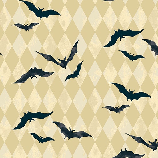 Midnight Haunt from Andover Fabrics - 1/2 Yard of Black Bats on Tan Harlequin Checker