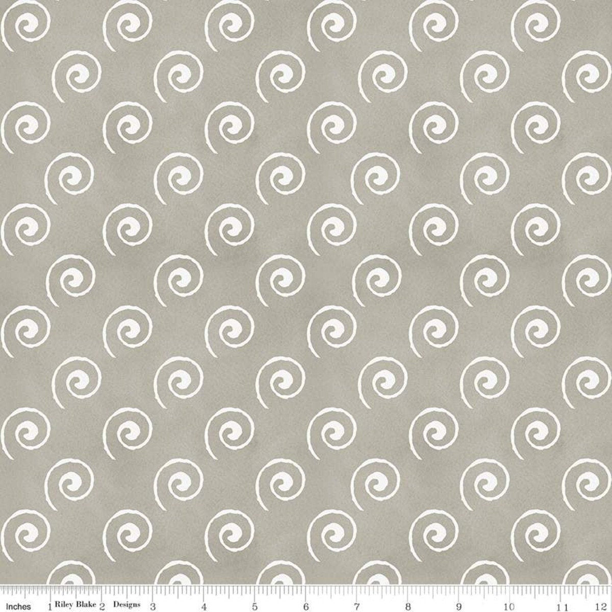 Coffee Chalk From Riley Blake Designs - 1/2 Yard of White Spirals on Light Gray