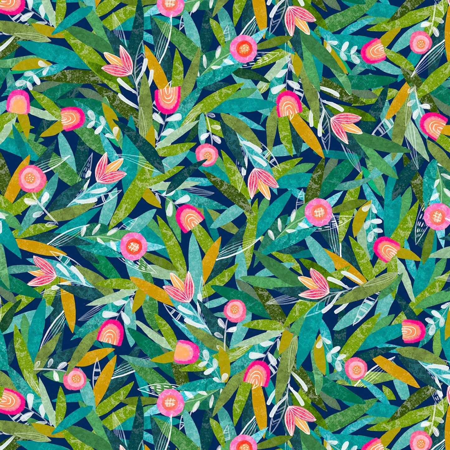 Wild at Heart from P&B Textiles - 1/2 Yard Modern Pink Floral with Green, Blue, Gold Leaves on Dark Blue
