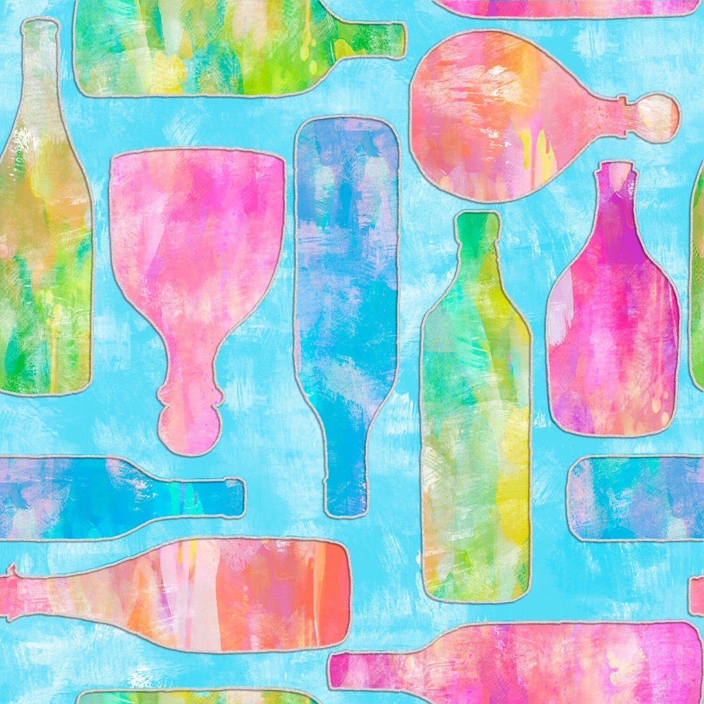Mixology from 3 Wishes Fabrics - 1/2 Yard of Colorful Alcohol Bottles on Light Blue