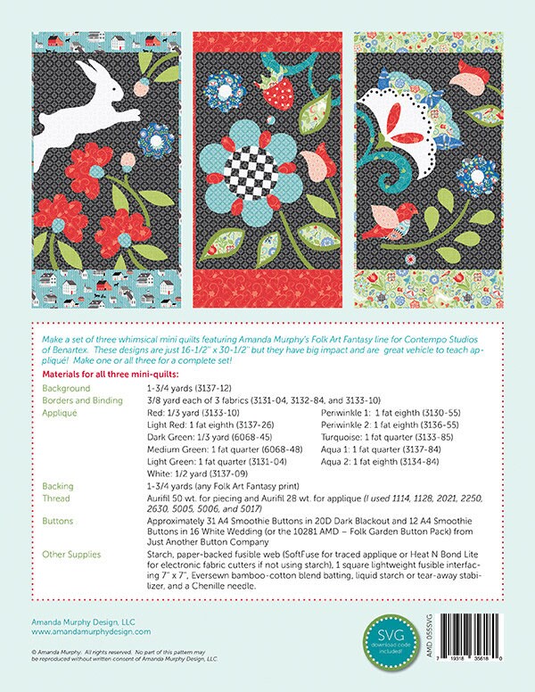 Folk Garden by Amanda Murphy - 3 Whimsical Applique Mini Quilts - 16.5" x 30" finished - Beginner Applique