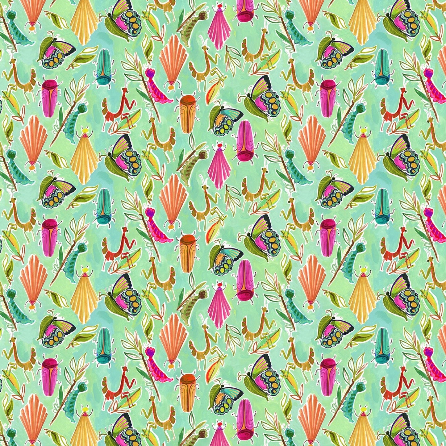 25% Off - Midsummer's Dream from Dear Stella - Half Yard Multi Bugs on Green - Butterfly, Praying Mantis, Beetles, Caterpillars