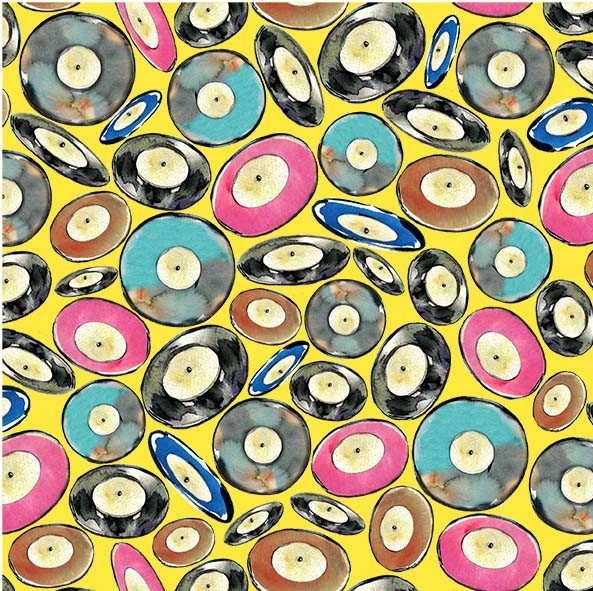 Vinyl from Michael Miller Fabrics - 1/2 Yard of Tossed Records on Yellow