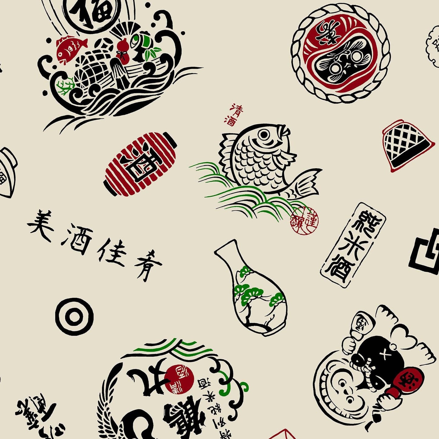 Retro Japanese Style from Cosmo Textiles - 1/2 Yard 100% Cotton Canvas Asian Inspired Motifs