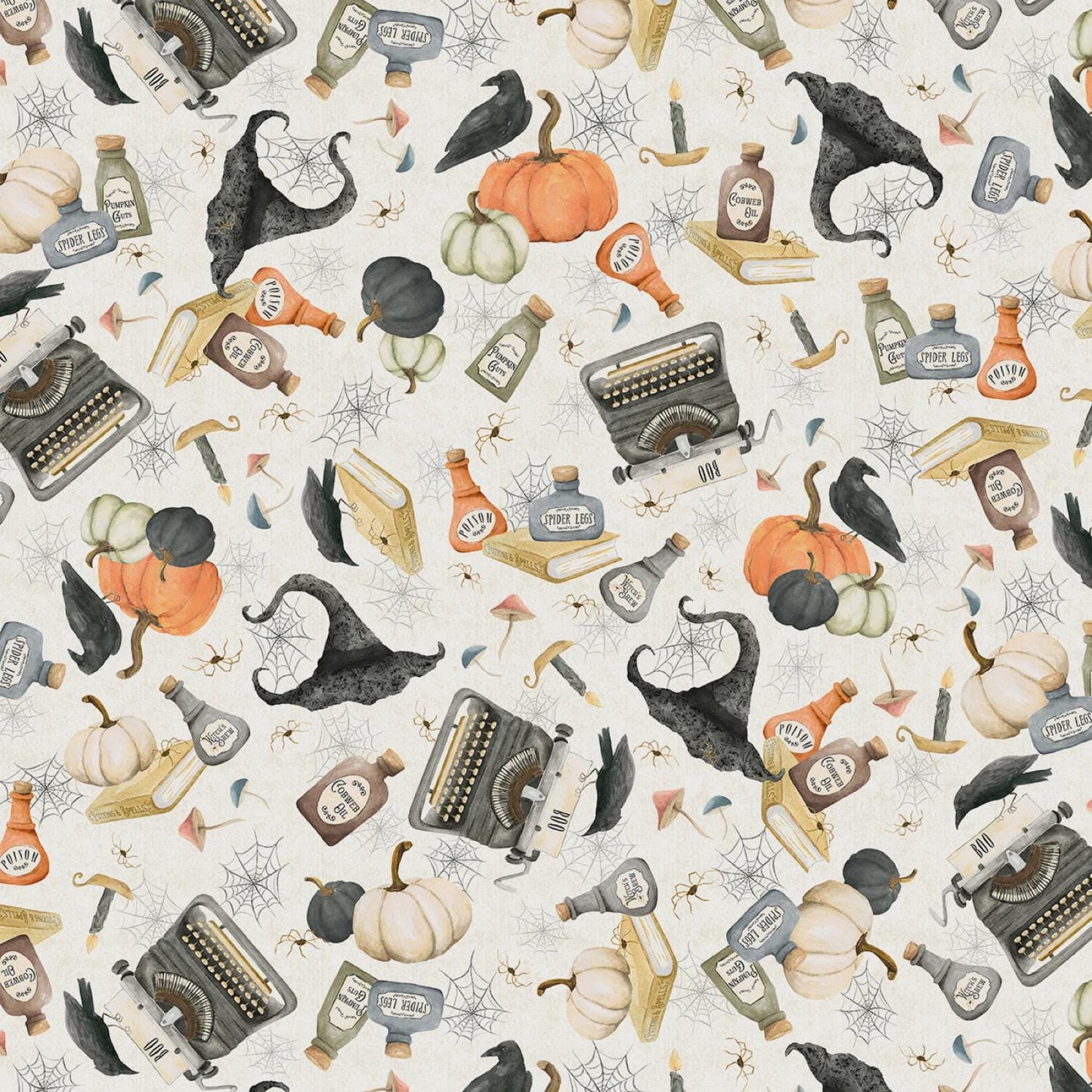 Hocus Pocus from P&B Textiles - 1/2 Yard Tossed Halloween motifs - Boo, Raven, Pumpkins, potion bottles, webs, spiders