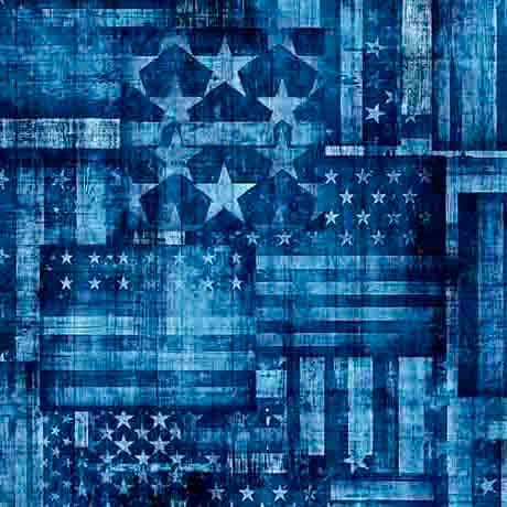 Flag Patchwork in Blue from 1776 for QT Fabrics - 1/2 Yard - Blue Toned Vintage Weathered American Flags