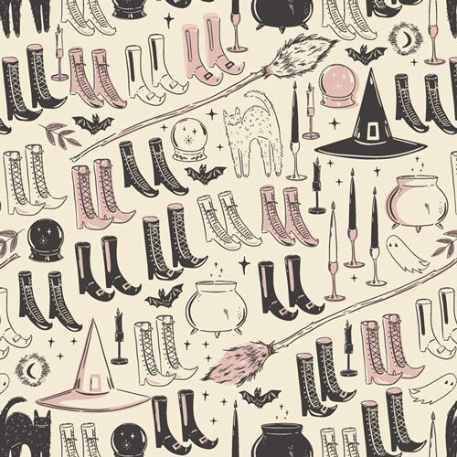 Spooky 'n Sweet from Art Gallery Fabrics - Half Yard Witch's Wardrobe - Witch Hats, Boots, Cauldron, Black Cat