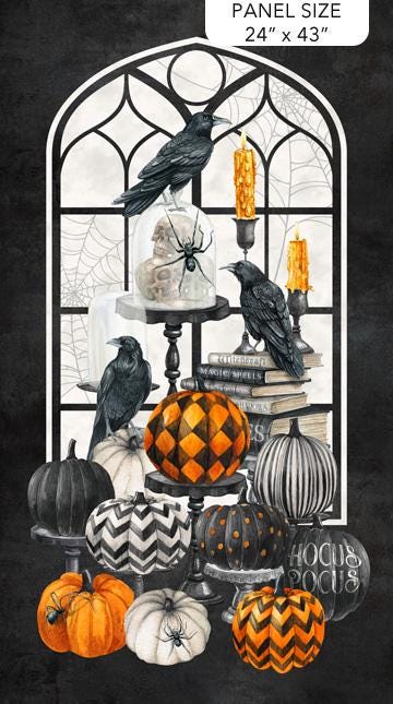 Spellbound from Northcott Fabrics - 24" x 44" Halloween Panel - Ravens, Pumpkins Black, Orange, White