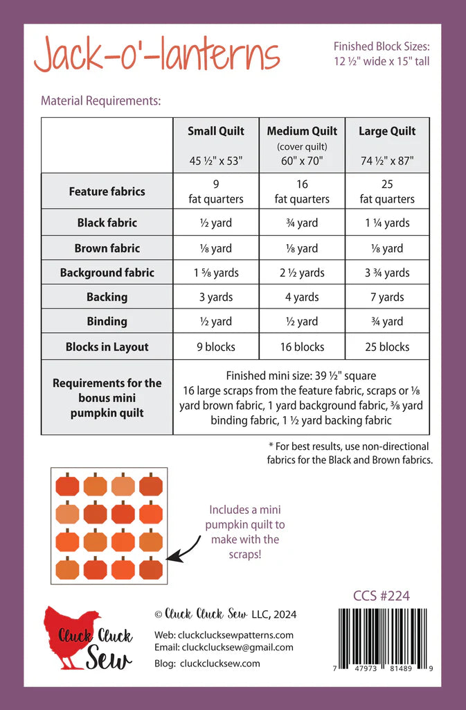 Jack-O'-Lanterns Pattern from Cluck Cluck Sew - FQ Friendly in 3 Sizes