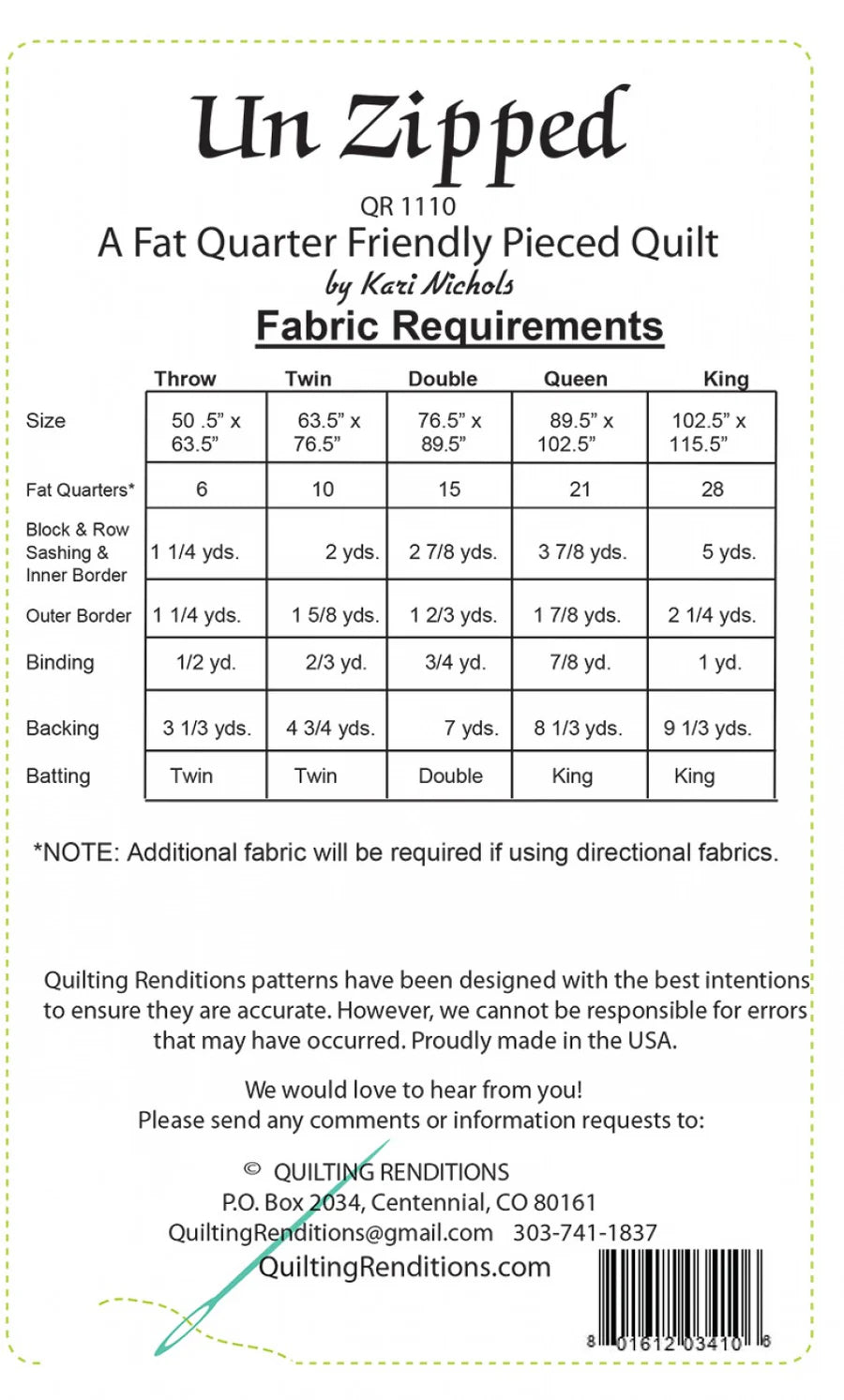 Un Zipped Quilt Pattern from Quilting Renditions - Instructions for 5 Sizes - Fat Quarter Friendly