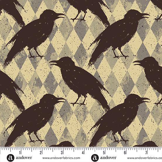 Nevermore from Andover - 1/2 Yard Crow Harlequin - Crows, Checkered Diamonds, Tan, Cream