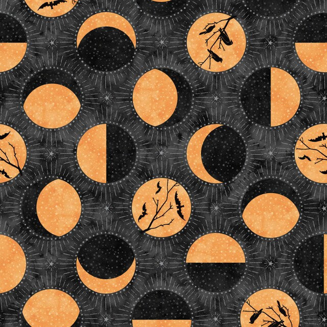 Spooky Hallow from Maywood Studios - 1/2 Yard Moons on Orange - Halloween Moon Phases