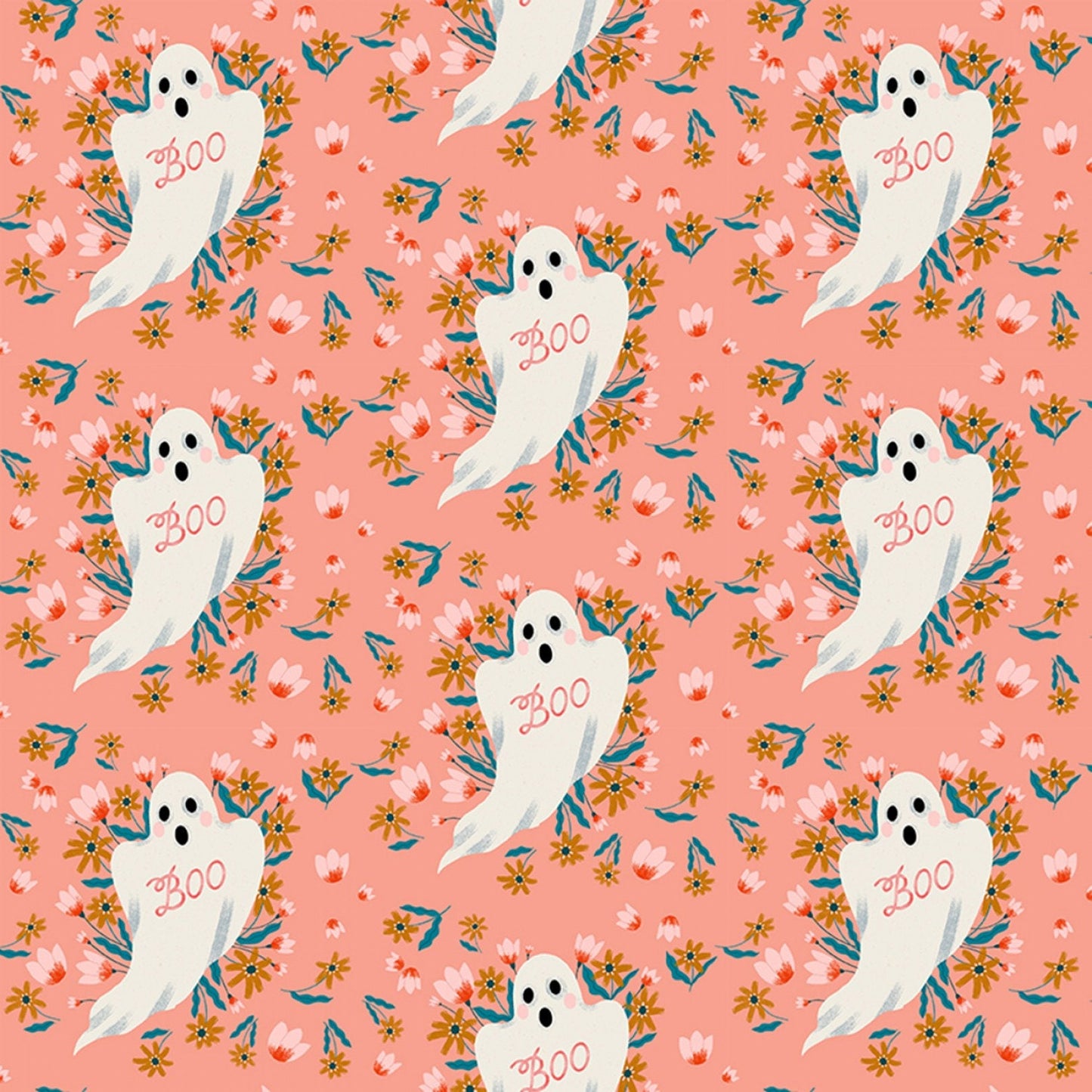 Boo from Dear Stella - 1/2 Yard Papaya Boo - Ghosts on Peach and Flowers - Halloween