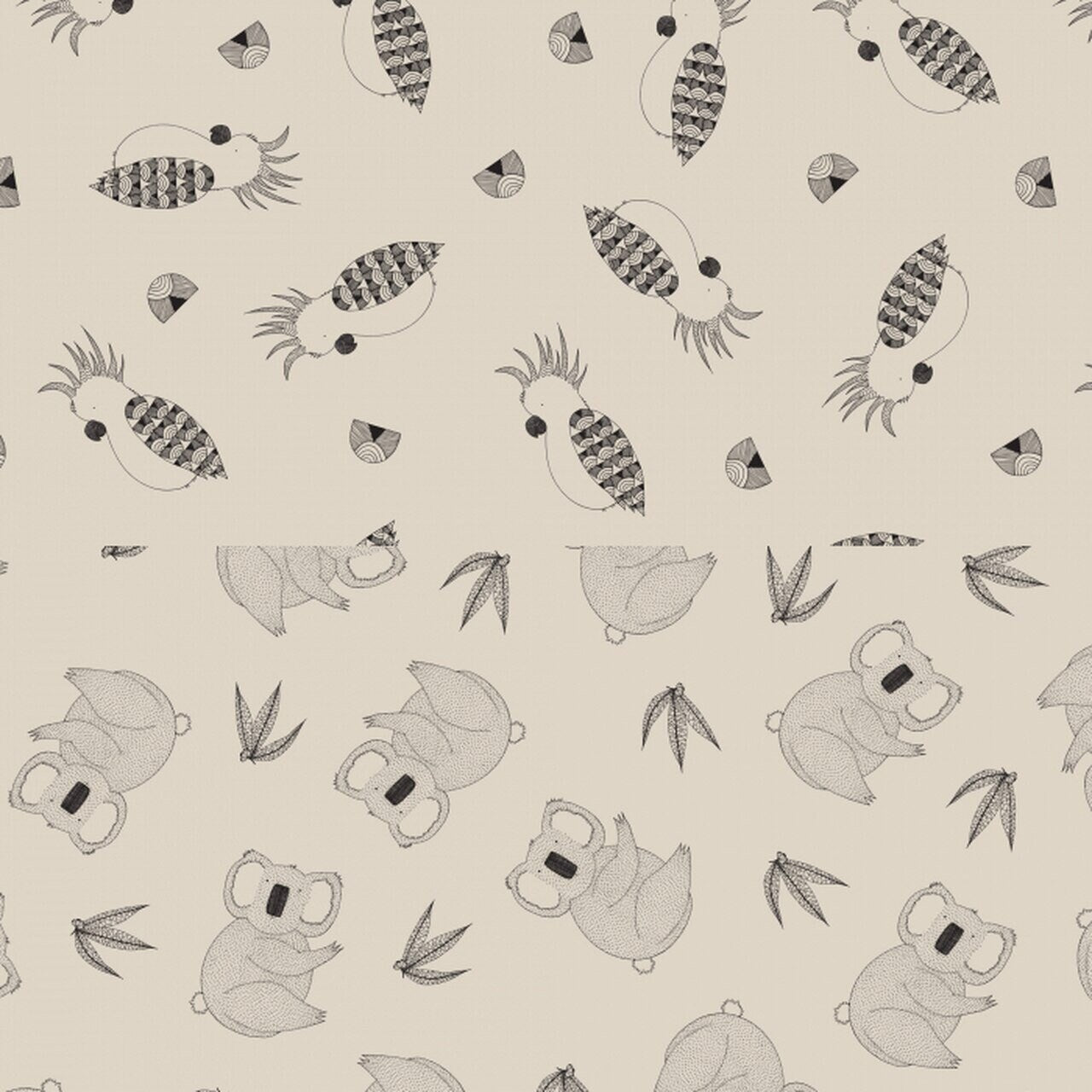 Joey Jelly Bean from Devonstone Fabrics - 1/2 Yard Half Koala/Half Parrots - Australian Animals Black and Cream