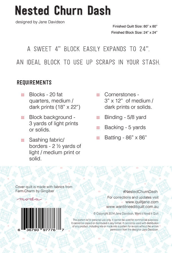 Nested Churn Dash by Jane Davidson - 80" x 80" Modern Churn Dash Quilt Pattern