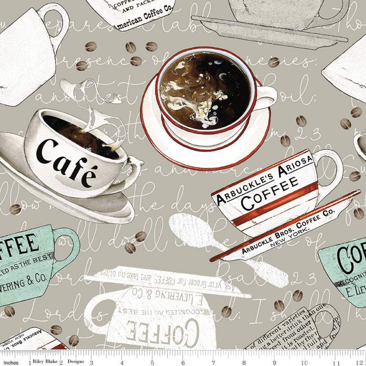 Coffee Chalk From Riley Blake Designs - 1/2 Yard of Tossed Coffee Cups on Light Gray