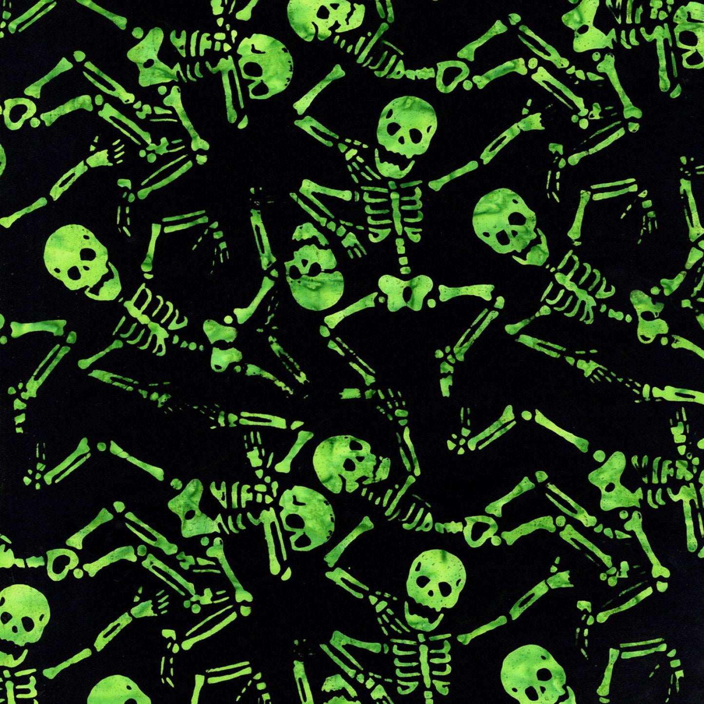 Spellbound Batik from Timeless Treasures - 1/2 Yard Batik Monster Dancing Skeletons - Halloween Lime Green Skeletons on Black